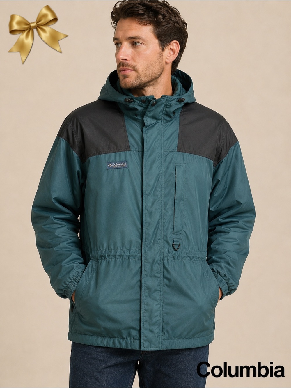 Vintage Columbia Green Black Hooded Jacket Fuzzy Lined MicroTex